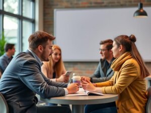 Salariés en réunion d'entreprise devant un tableau magnétique blanc