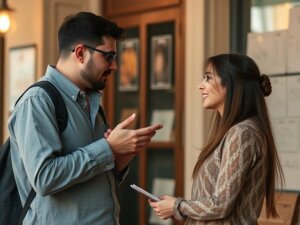 Two company employees in conversation.
