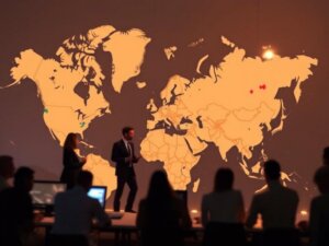 Consultants en train de faire une conférence devant une carte du monde géante