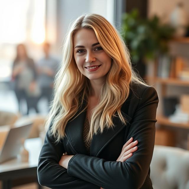Femme d'affaires blonde, les bras croisés.